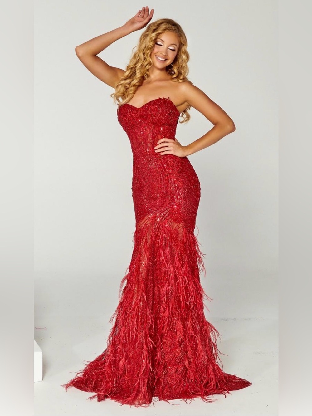 Portia and Scarlett Strapless Red Sequin & Feather Mermaid Gown